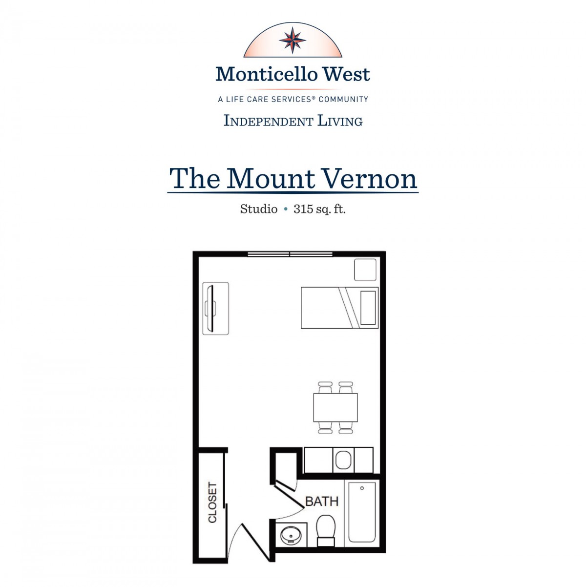 Floor plan of The Mount Vernon studio at Monticello West, with an area of 400 sq. ft.