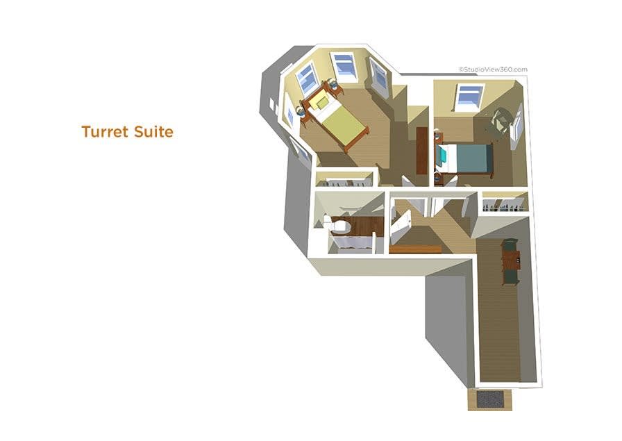 A 3D floor plan layout of a turret suite showing multiple rooms.