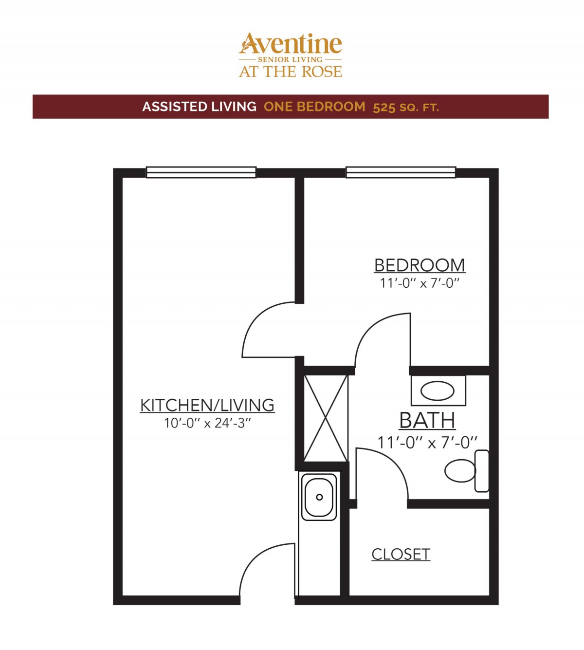 One-bedroom assisted living apartment floor plan.