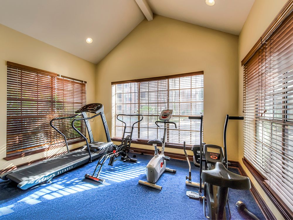 A well-lit home gym with cardio equipment including treadmills and stationary bikes.