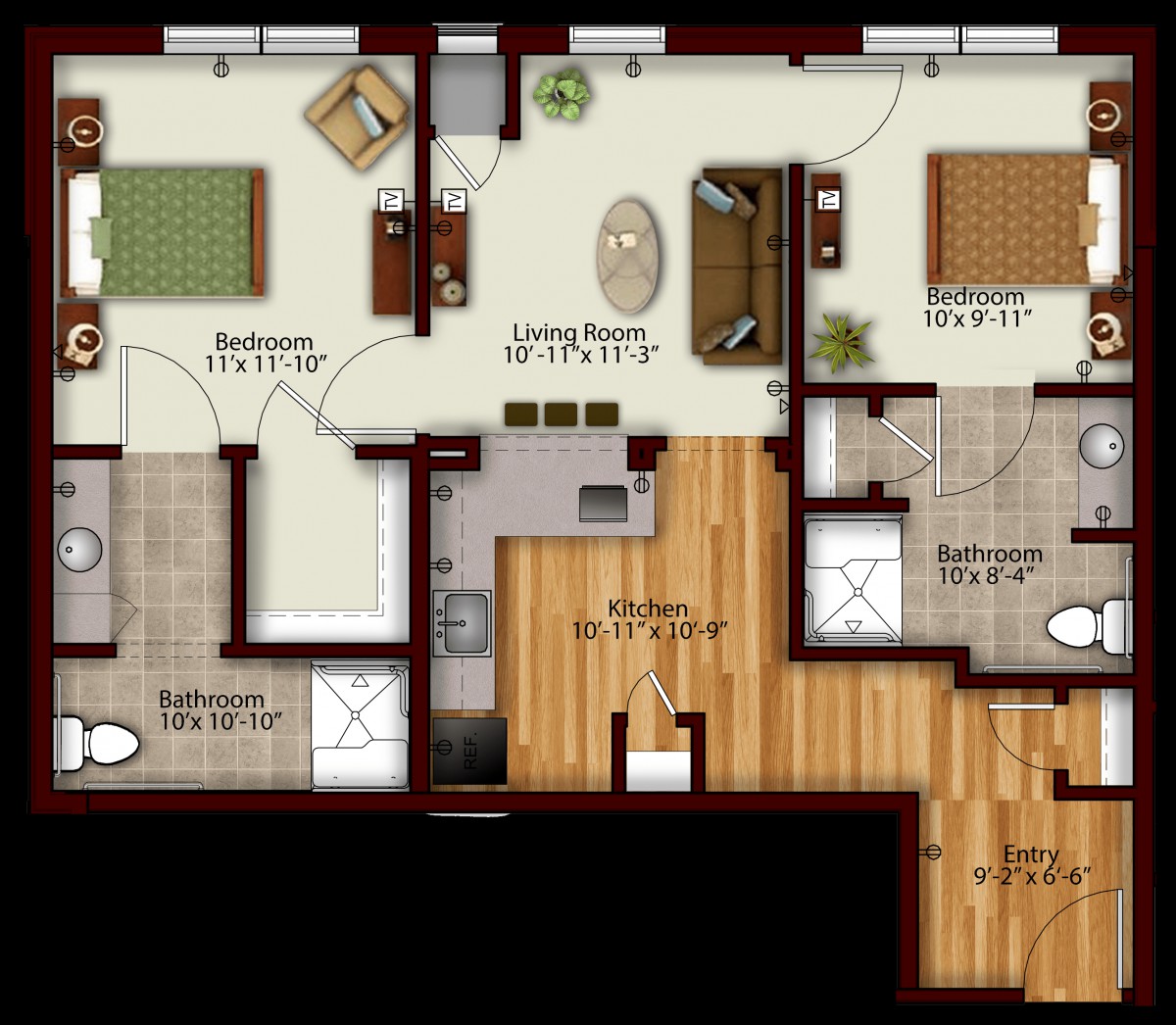 A detailed floor plan of a two-bedroom apartment featuring a living room, kitchen, and two bathrooms.