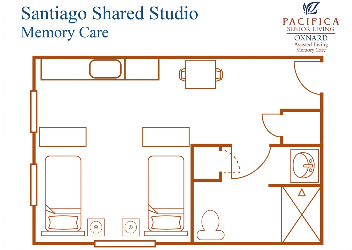 Floor plan of a shared studio space with two beds and a bathroom.