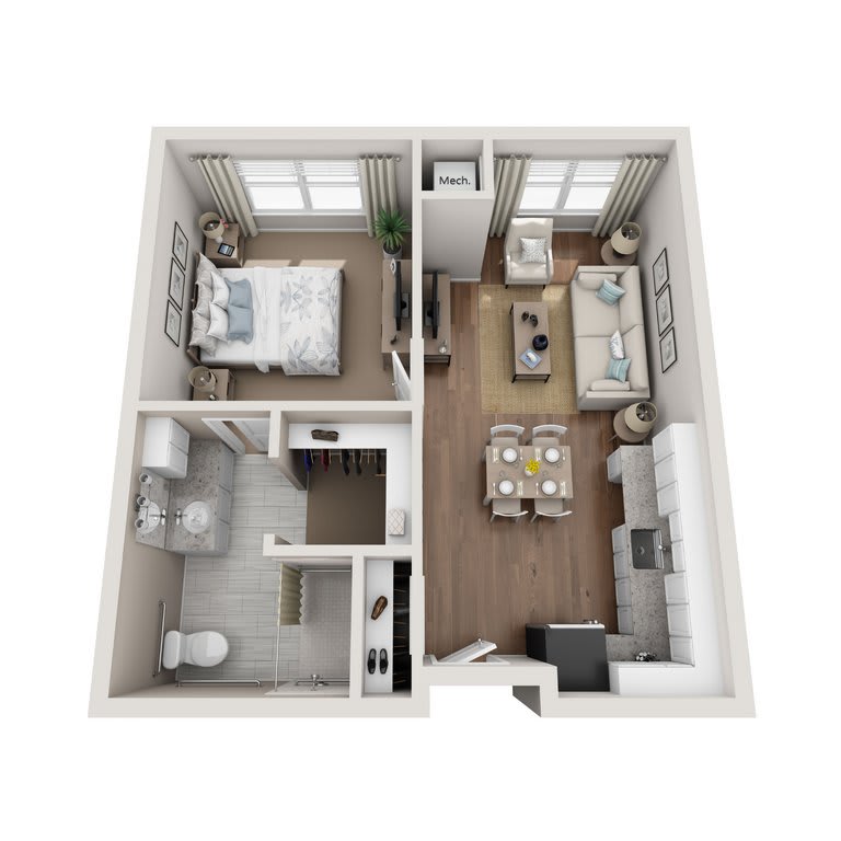 3D floor plan of a one-bedroom apartment with living area, kitchen, and bathroom.