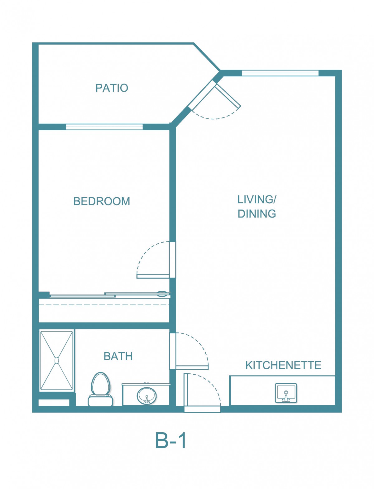 A floor plan of a one-bedroom apartment featuring a living and dining area, kitchenette, bathroom, bedroom, and patio.