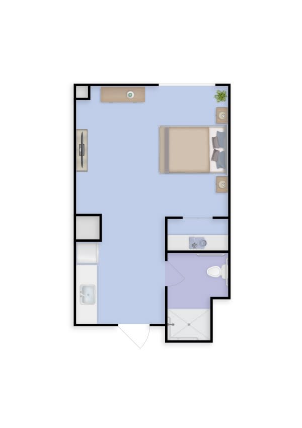 A floor plan of a compact one-bedroom apartment with designated areas for the kitchen, bedroom, and bathroom.