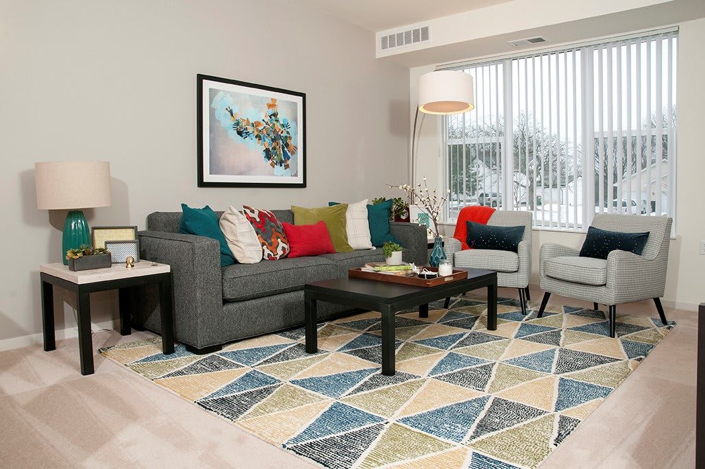 A cozy living room with a gray sofa adorned with colorful cushions, a geometric rug, and modern decor.