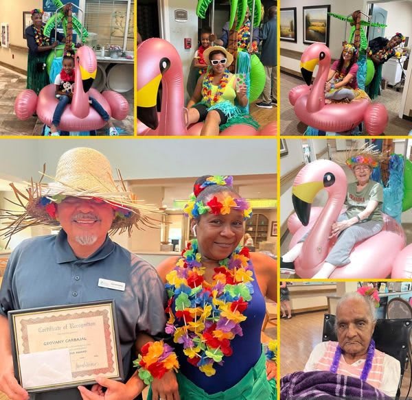 A festive gathering featuring vibrant costumes and flamingo floats, bringing joy and smiles to attendees.