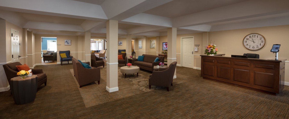 A cozy living room with sofas, armchairs, and a carpeted floor.