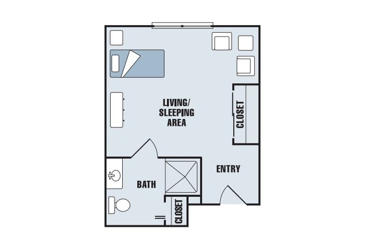 Studio apartment floor plan with a living/sleeping area, bath, and closet space.