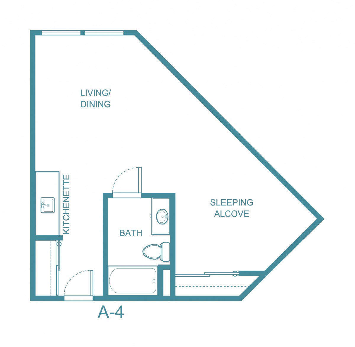 Floor plan of a studio apartment with sleeping alcove, bath, living/dining area, and kitchen.