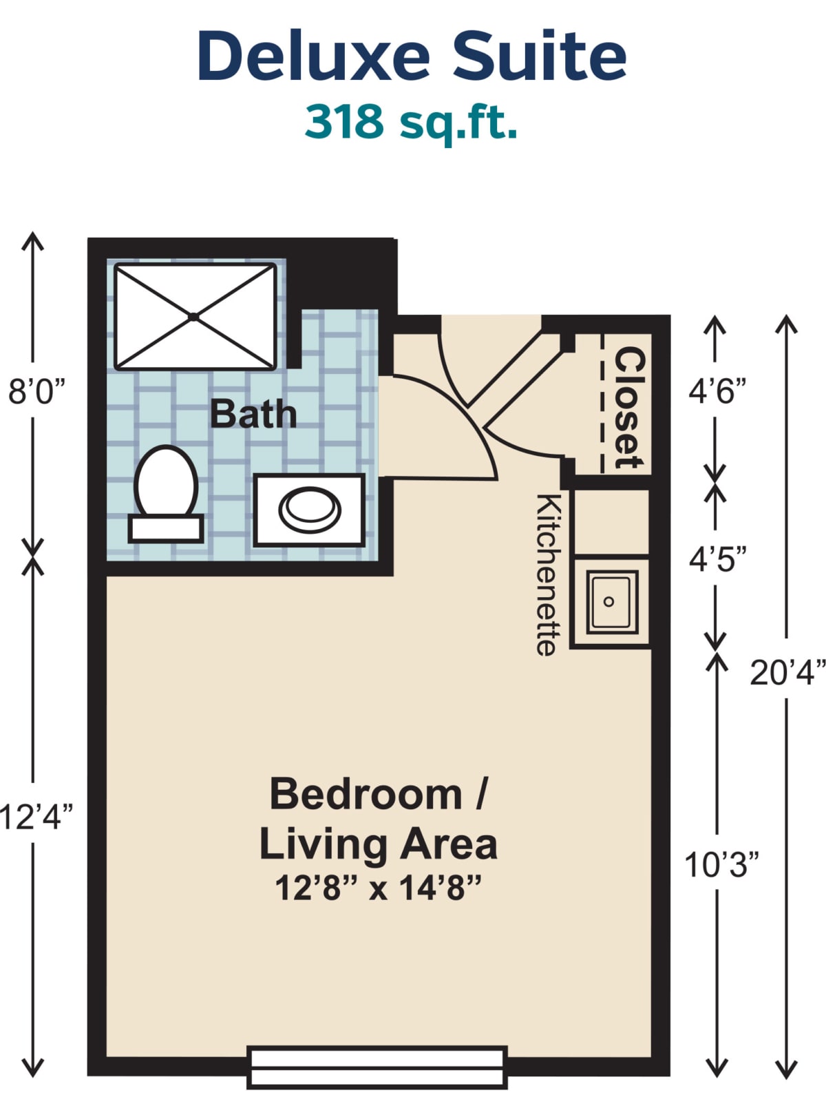 A compact studio apartment floor plan featuring a combined bedroom and living area with a kitchenette, closet, and bathroom.