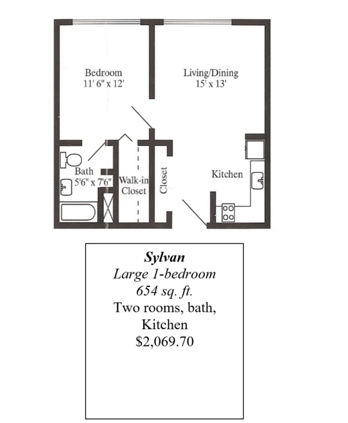 Floor plan of a large one-bedroom apartment, 654 sq. ft., with two rooms, a bath, and a kitchen.