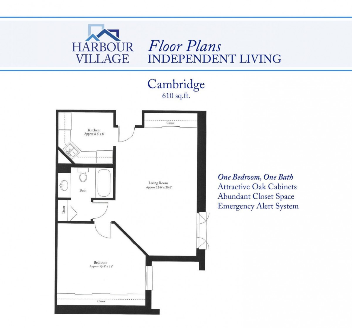 Floor plan of an independent living apartment named 'Cambridge' with one bedroom and one bath.