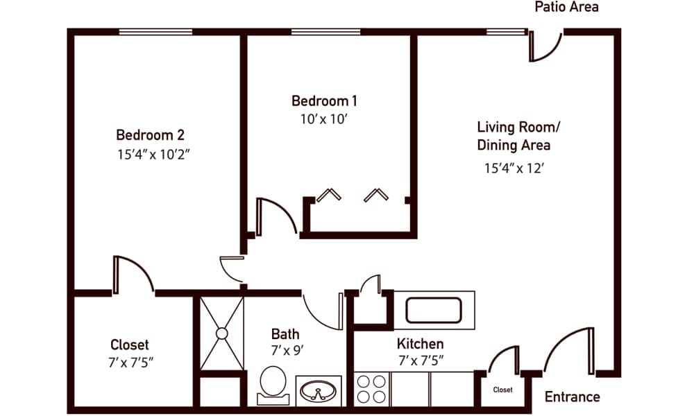 A floor plan of a two-bedroom apartment, including living room, kitchen, and bathroom.
