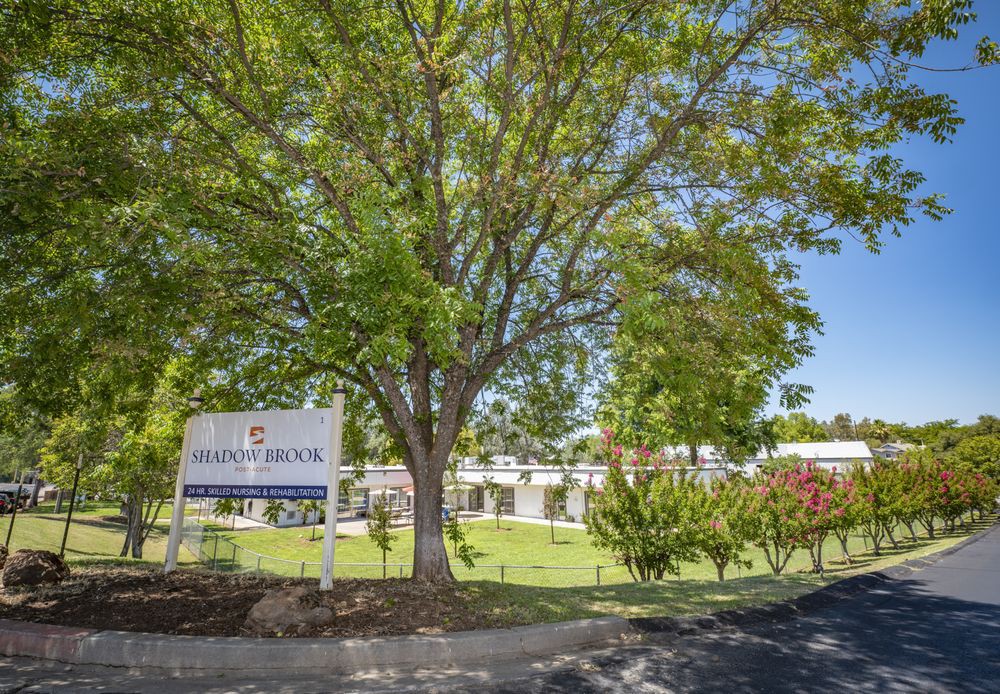 A school building surrounded by trees on a sunny day, with a sign in the foreground.