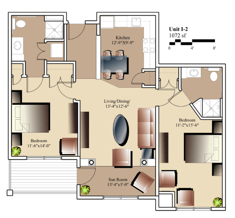 A detailed floor plan of an apartment, showing the layout of rooms including bedrooms, living room, kitchen, and bathrooms.