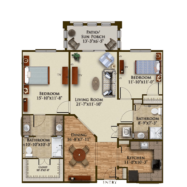 A detailed floor plan of a two-bedroom apartment with a balcony, depicting the living room, kitchen, and two bathrooms.