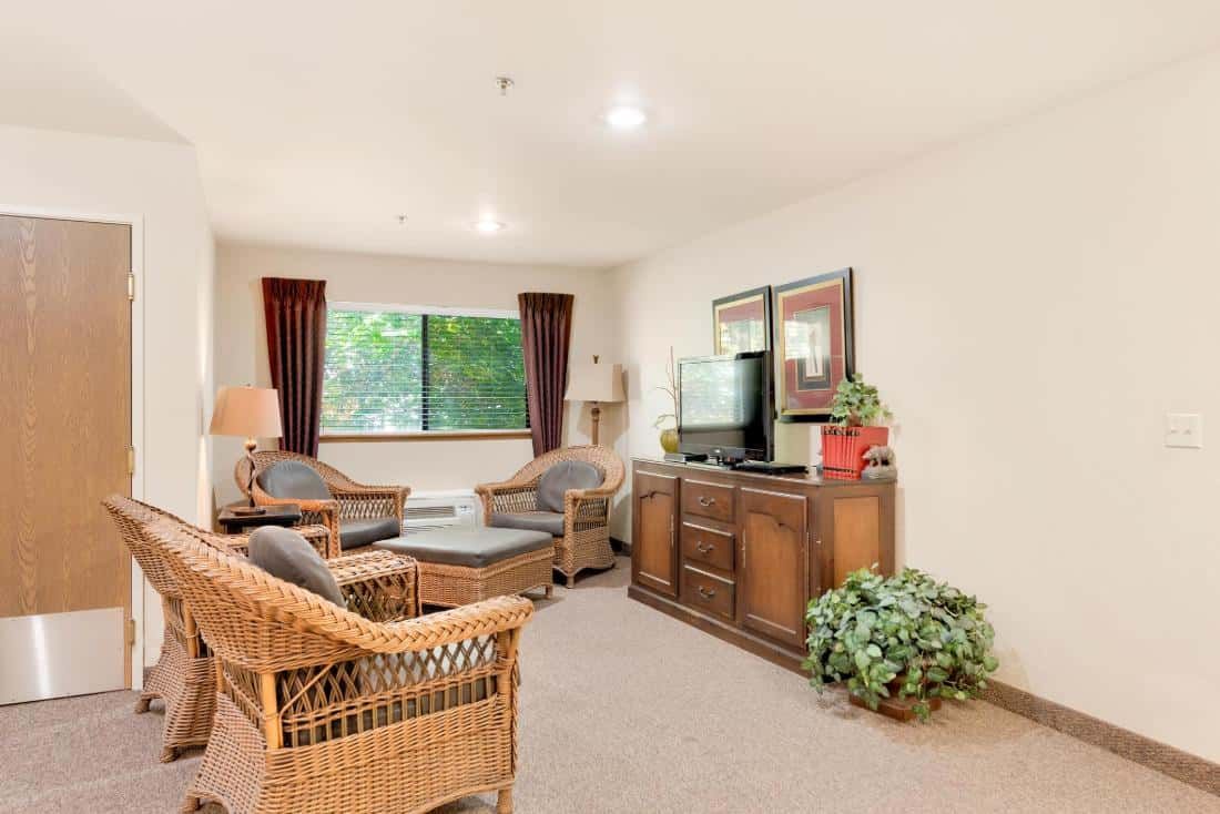 A cozy living room with wicker furniture, a TV, and decorative plants.