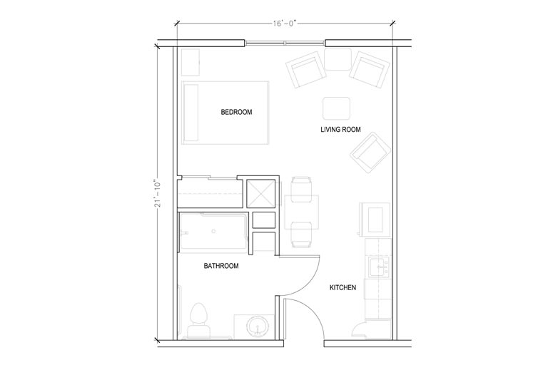 This image depicts a floor plan of a small apartment with labeled rooms including a bedroom, bathroom, kitchen, and living area.