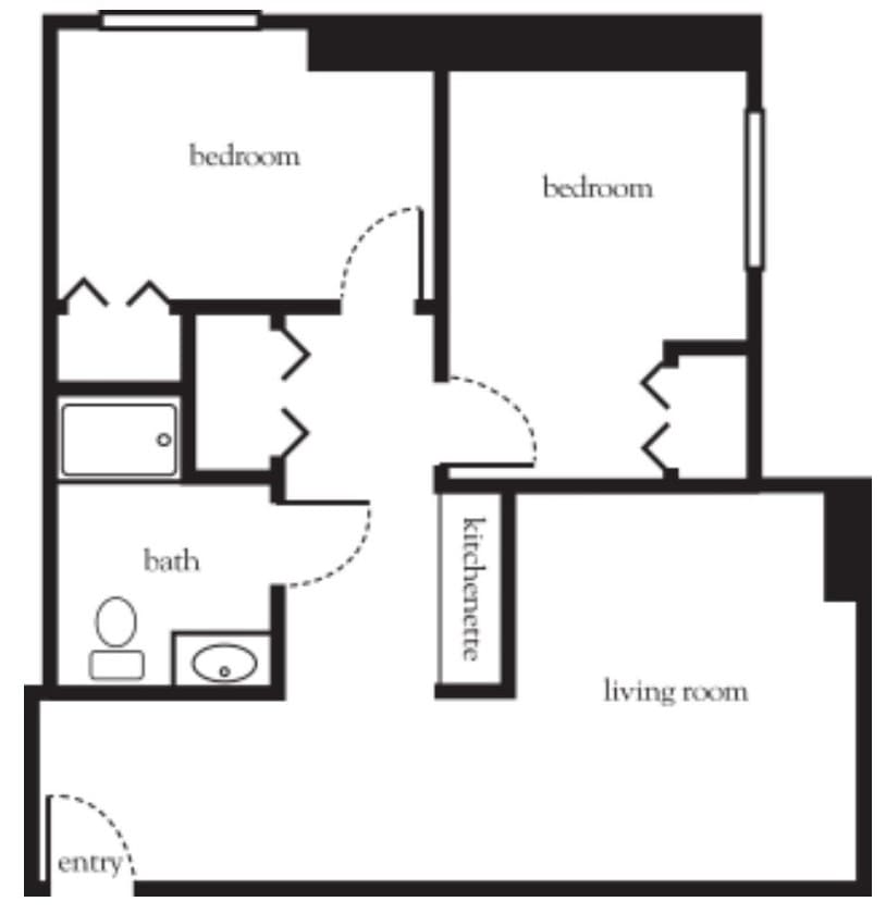 A simple two-bedroom apartment floor plan with a living room, bathroom, and entry.