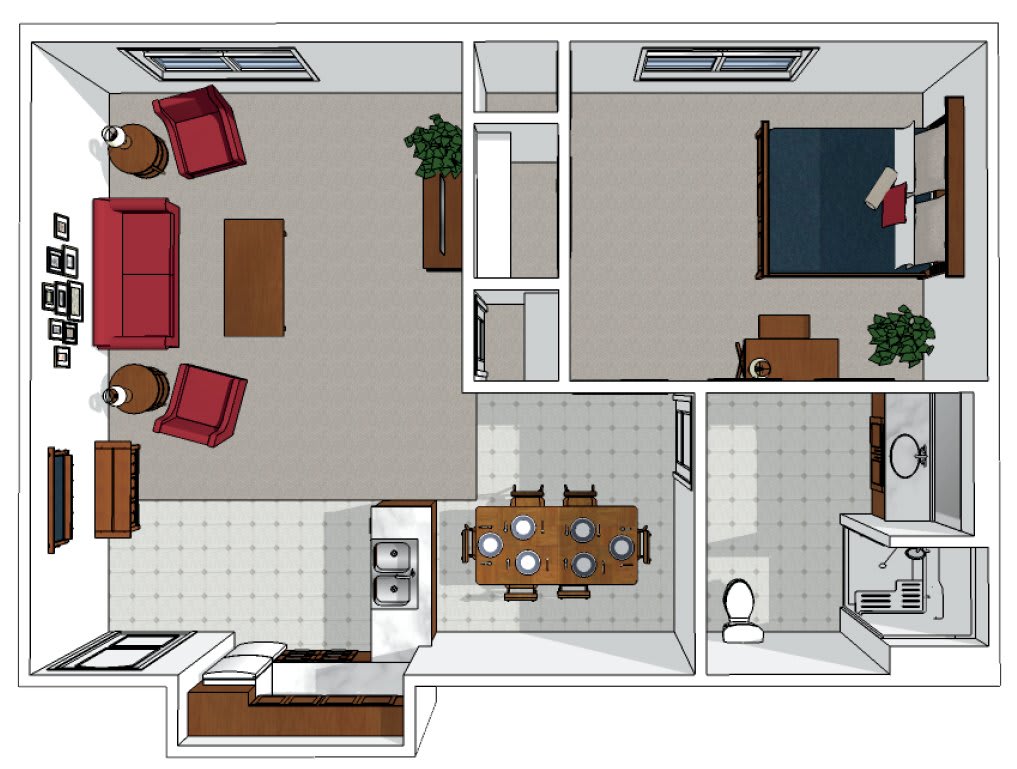 A floor plan of an apartment showcasing a living room, kitchen, dining area, bedroom, and bathroom.