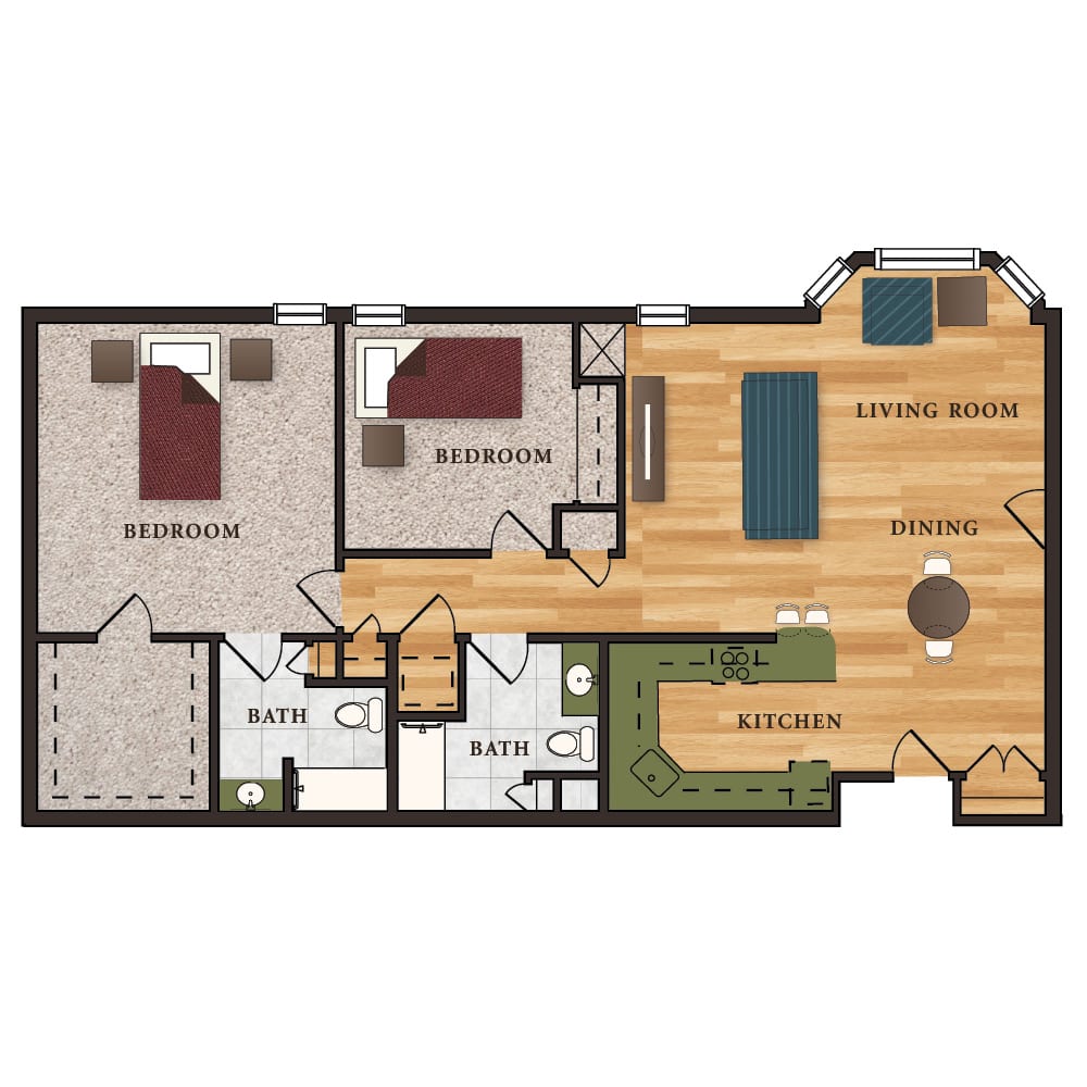This is a floor plan of a two-bedroom apartment featuring a living room, kitchen, bathroom, and a dining area.