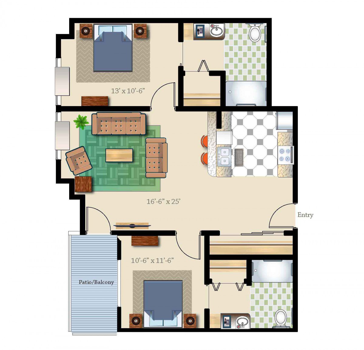 A two-bedroom apartment floor plan with a living room, kitchen, and bathroom.