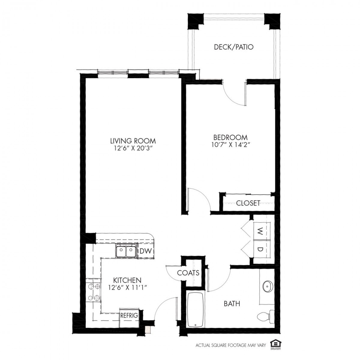 A floor plan of a one-bedroom apartment, featuring a living room, kitchen, bathroom, and balcony.