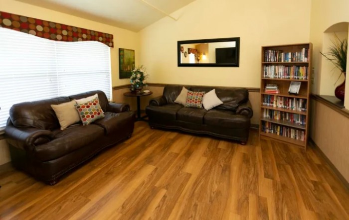A cozy living room featuring two sofas, decorative cushions, a mirror on the wall, and a wooden floor.