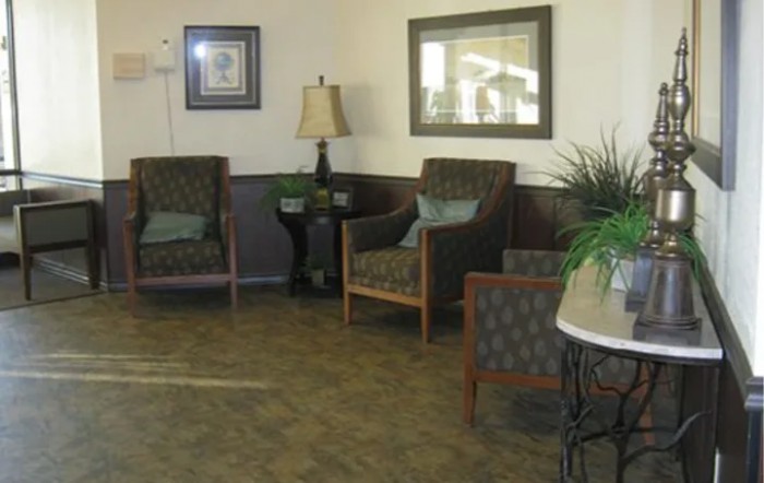 A cozy waiting area with chairs, a lamp, and decorative plants.