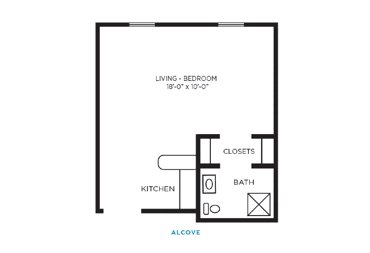 A floor plan of a studio apartment featuring a combined living and bedroom area, kitchen, bathroom, and closet.