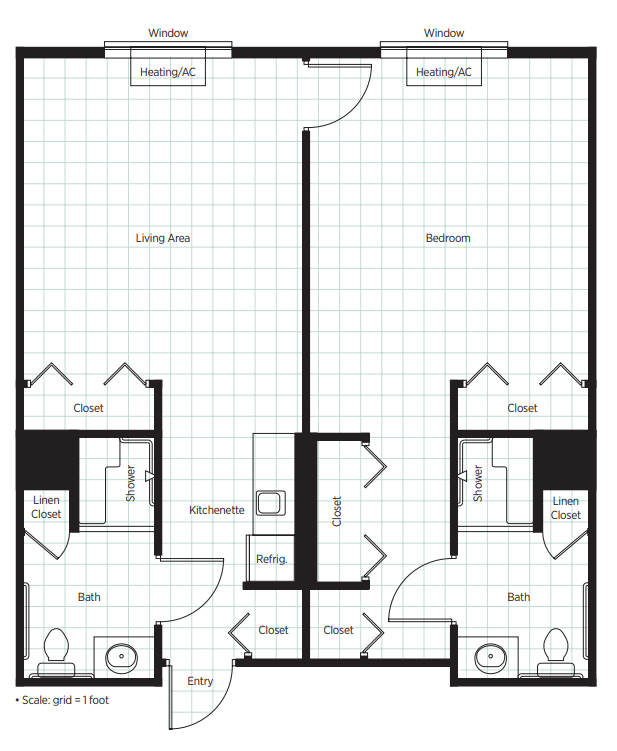 A detailed floor plan of a two-bedroom apartment layout.