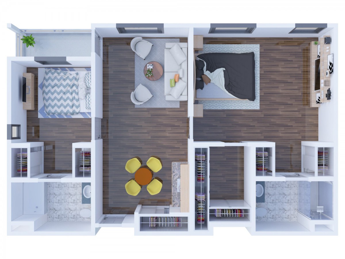 A top-down view of an apartment floor plan featuring a bedroom, living room, and kitchen area.