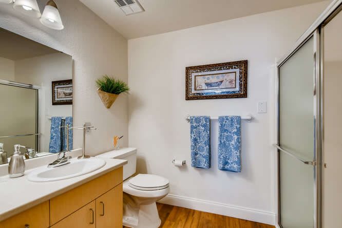 A modern bathroom with a sink, toilet, and shower.