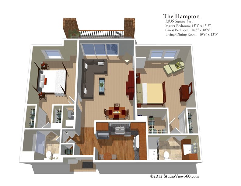 3D floor plan of a two-bedroom apartment with living and dining areas.