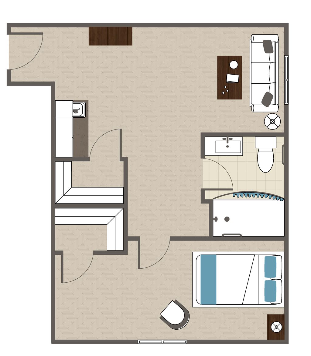 A floor plan of a one-bedroom apartment with designated areas for living, sleeping, and a bathroom.