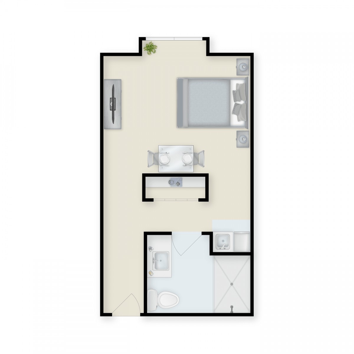 A floor plan of a studio apartment layout featuring a bedroom, kitchen, dining area, and bathroom.