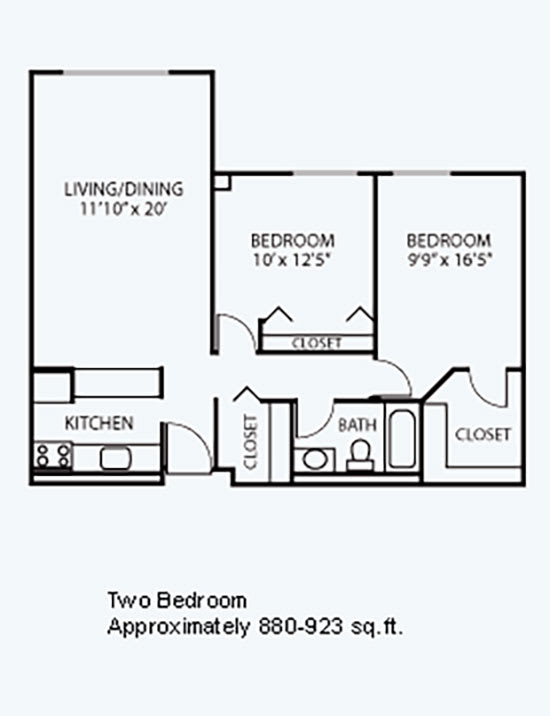Two-bedroom apartment floor plan with kitchen, living/dining area, and bathroom.