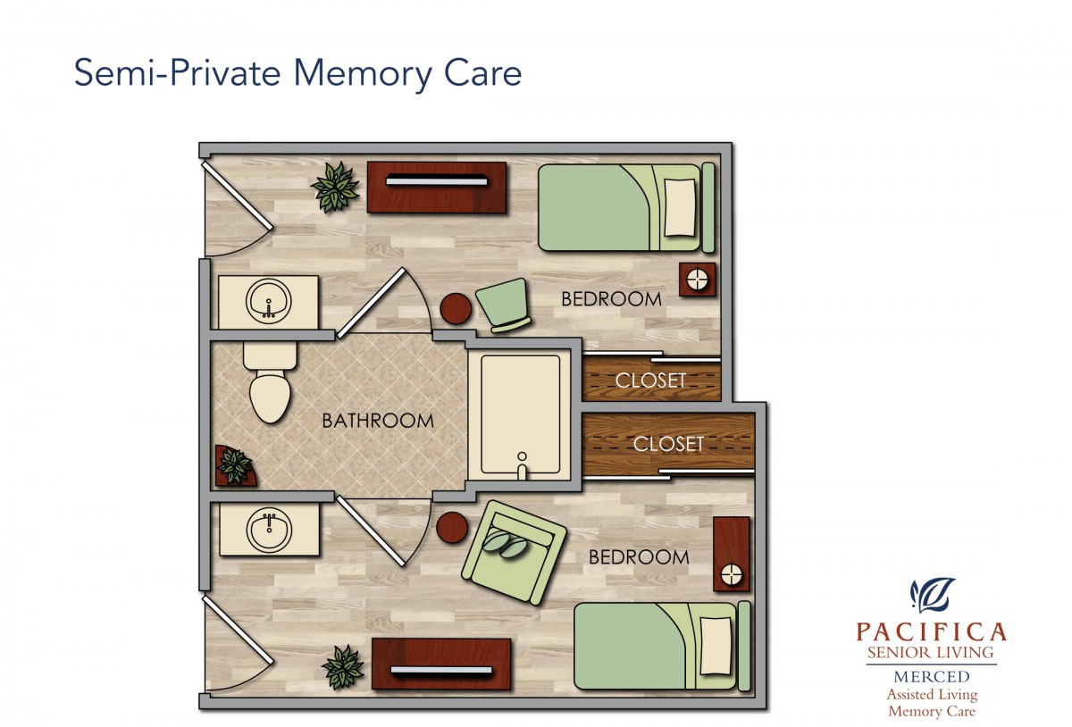 Floor plan of a private memory care unit featuring two bedrooms, a bathroom, and a small living area.