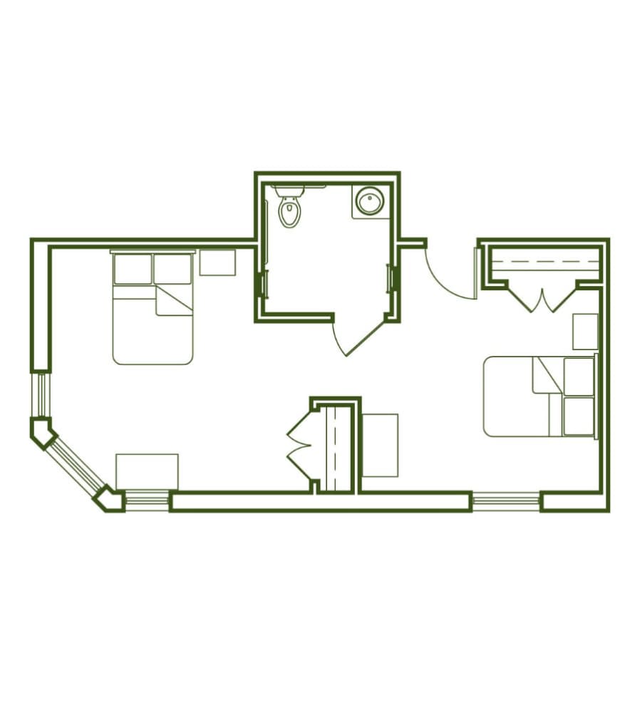A simple floor plan of a two-room apartment, including a bathroom and living area.