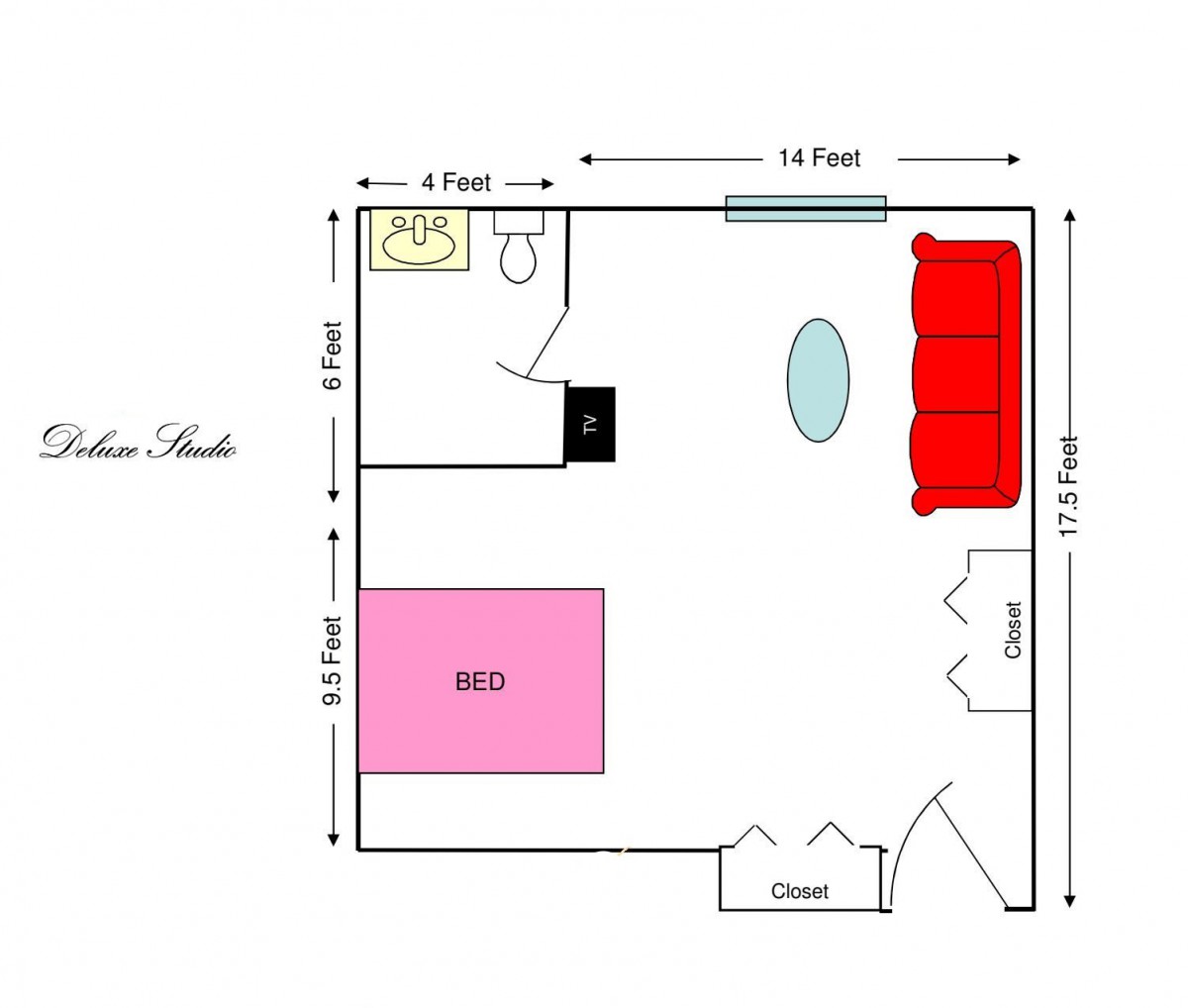 A simple floor plan of a studio apartment showing the layout and furniture arrangement.