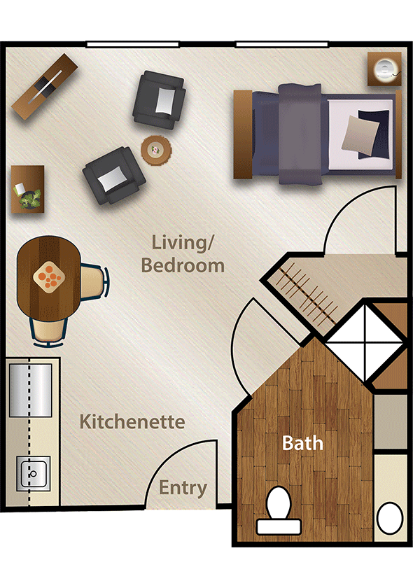 Studio apartment floor plan with a combined living/bedroom area, kitchenette, and bathroom.