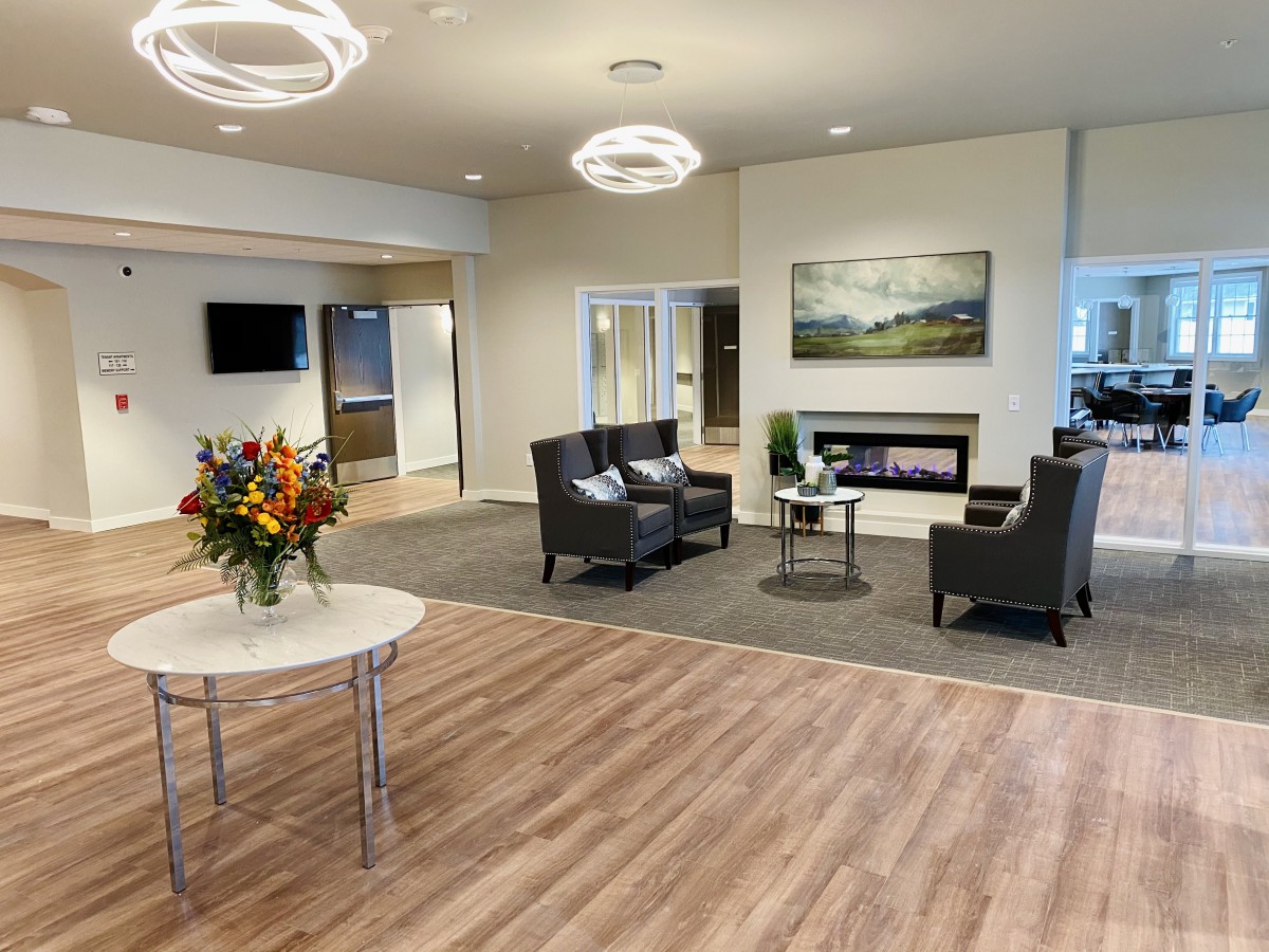 A modern lobby with comfortable seating and elegant decor.