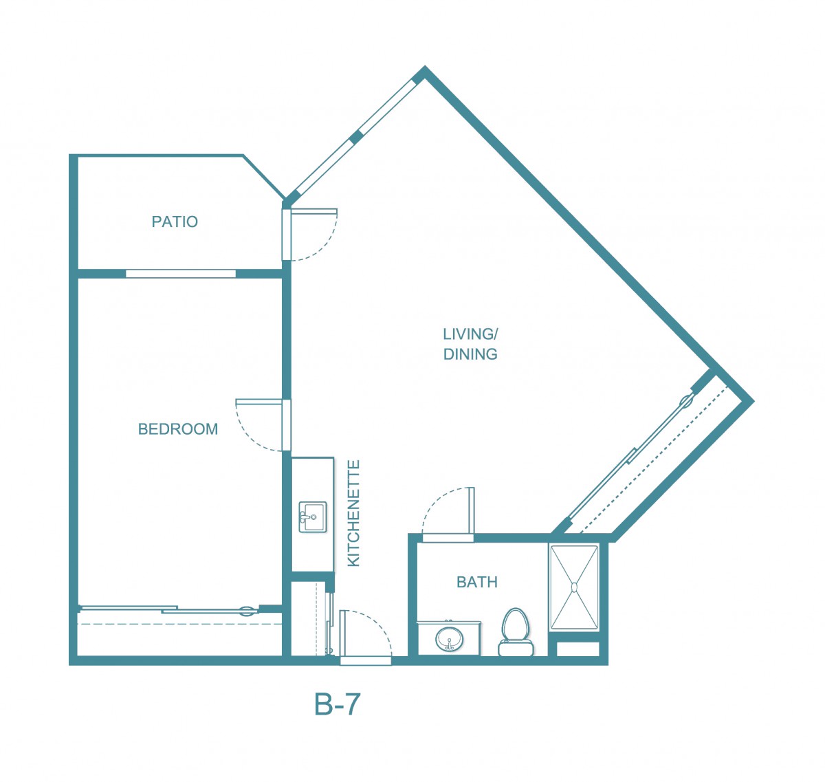 A detailed floor plan of an apartment layout, featuring a bedroom, bath, and living spaces.