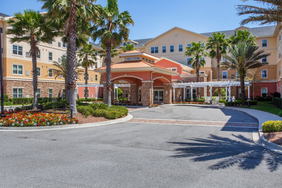 A sunny view of a hotel entrance with palm trees lining the driveway.