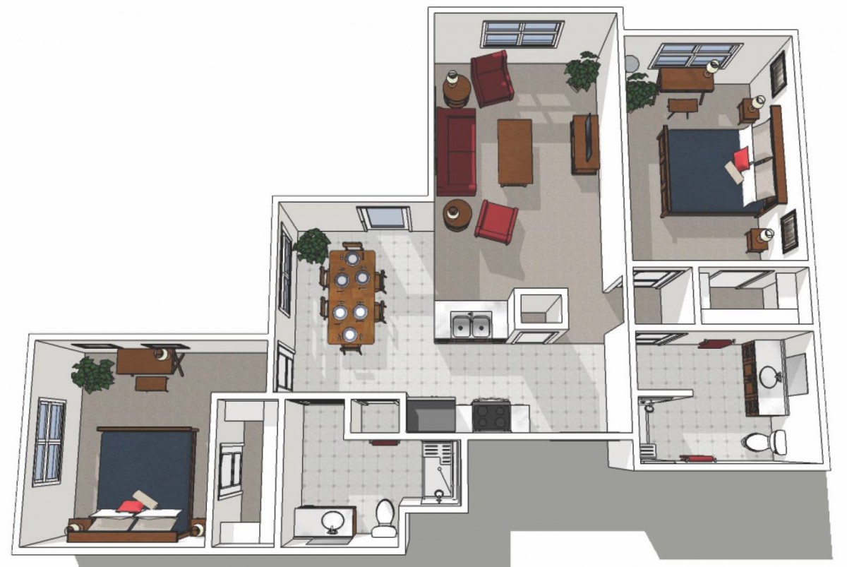A detailed floor plan of a residential apartment showing two bedrooms, a kitchen, dining area, living room, and bathroom.