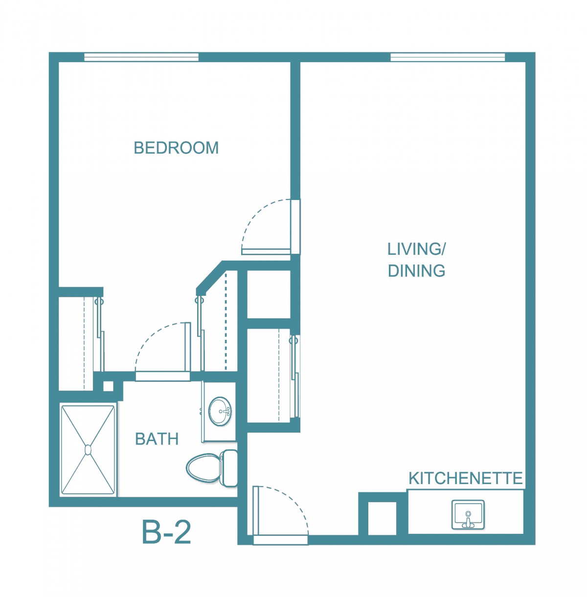 A simple one-bedroom apartment floor plan with an open living/dining area and a kitchenette.