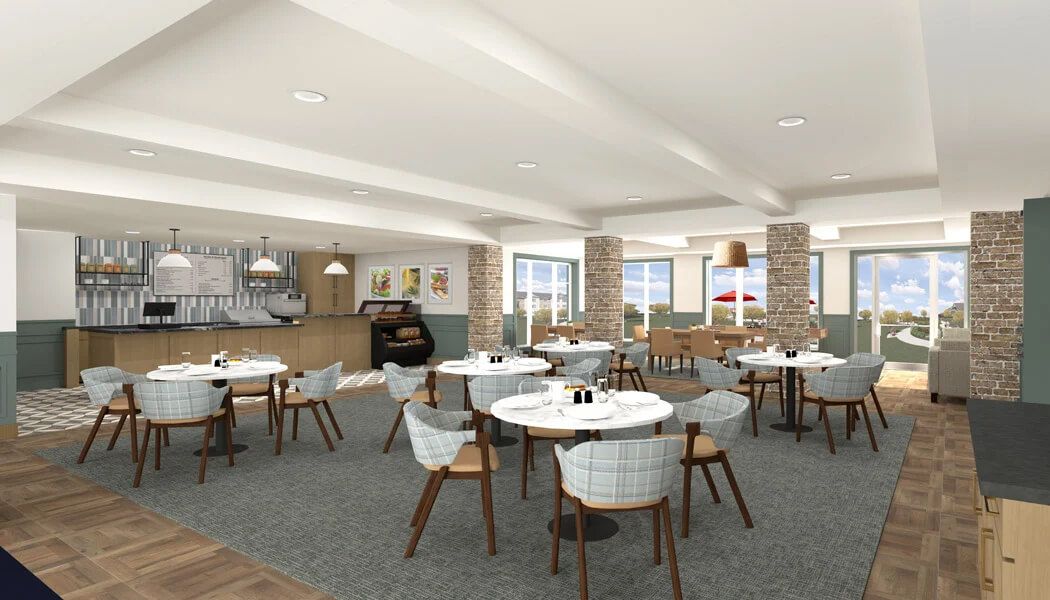 A modern restaurant interior with neatly arranged tables and chairs, featuring stylish decor.