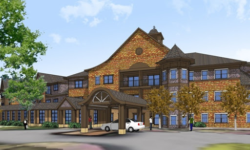 An artistic rendering of a hotel featuring rustic architecture with a welcoming entrance.