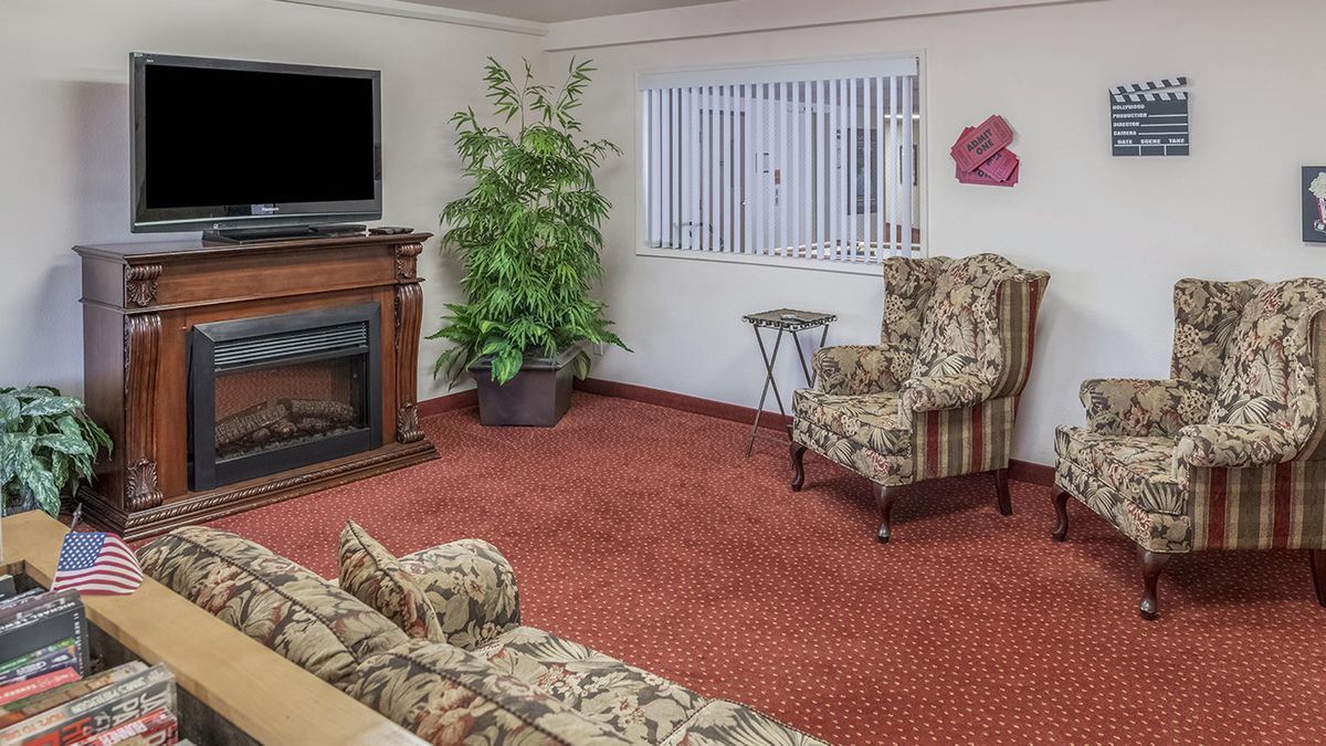 A cozy living room with a fireplace, armchair, sofa, and TV on a red carpeted floor.